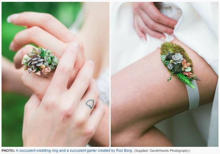 בתמונה: בירית וטבעת נישואין עשוית פרחי סוקולנטים של האמנית האוסטסרלית רוז בורג